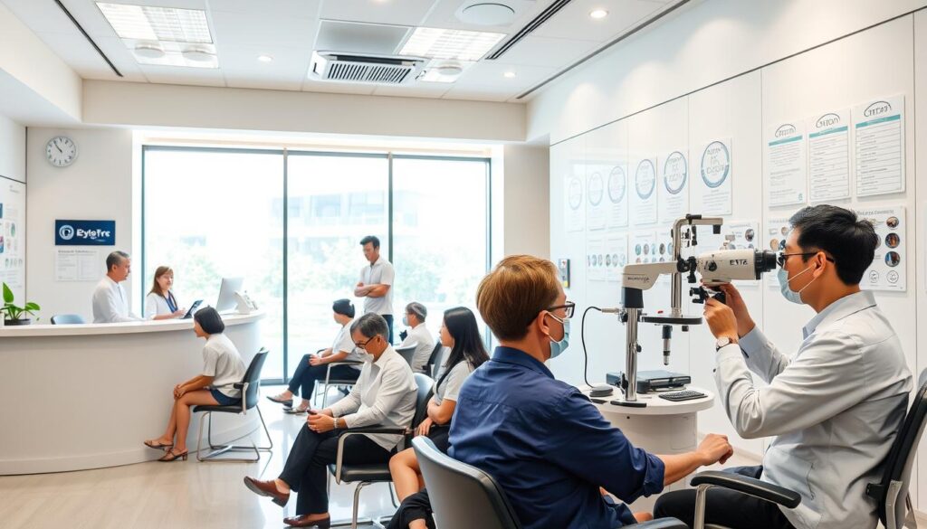 eye clinics in Singapore with modern medical equipment, clean and inviting interior design, patients of diverse ages and ethnicities in the waiting area, natural lighting through large windows, a reception desk staffed by friendly, knowledgeable staff, an ophthalmologist or optometrist examining a patient's eyes with advanced diagnostic tools, a wall-mounted display showcasing the clinic's services and certifications, a sense of professionalism, expertise and patient-centric care.