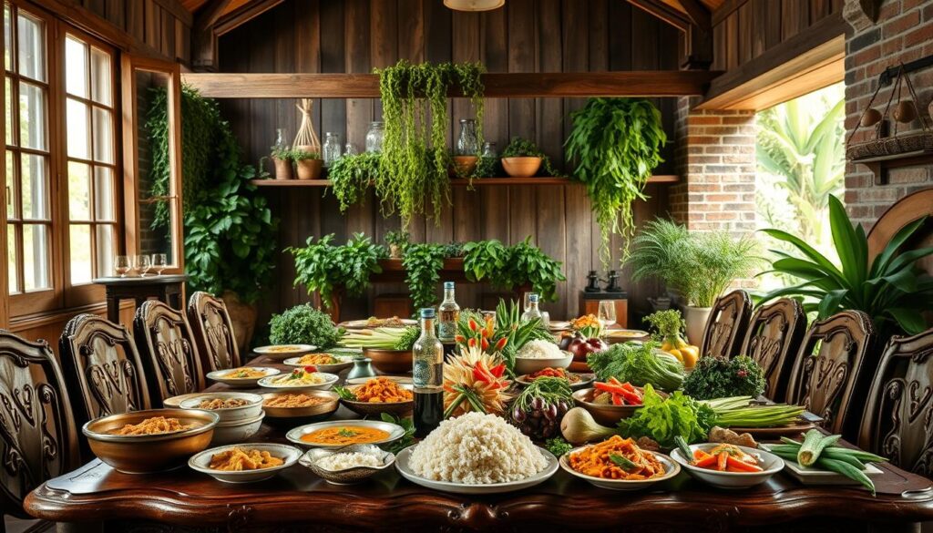 A bountiful Peranakan feast set against a rustic, farm-inspired backdrop. In the foreground, an ornate, wooden dining table is adorned with an array of traditional Peranakan dishes - vibrant curries, fragrant rice, and an assortment of vibrant, freshly-harvested vegetables. Soft, natural lighting filters through large, open windows, casting a warm, inviting glow on the scene. In the middle ground, lush, verdant plants and trailing vines cascade from shelves, adding a touch of lush, organic beauty. The background features weathered, wooden beams and exposed brick walls, evoking a sense of timeless, farmhouse elegance. An atmosphere of homespun, Peranakan hospitality permeates the space, inviting diners to savor the flavors of this authentic, farm-to-table culinary experience.