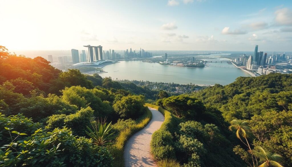 A breathtaking vista of Singapore's coast-to-coast trail, showcasing its natural splendor. In the foreground, a winding path meanders through lush, verdant foliage, inviting the viewer to embark on an invigorating journey. The middle ground features a serene, glistening body of water, its tranquil surface reflecting the surrounding landscape. In the distance, majestic skyscrapers and iconic landmarks pierce the horizon, creating a captivating juxtaposition of urban and natural elements. The scene is bathed in warm, golden sunlight, casting a soft, inviting glow and evoking a sense of tranquility and adventure. The overall composition captures the essence of the ultimate challenge, inviting the viewer to explore and discover the hidden gems of this remarkable trail. A breathtaking vista of Singapore's coast-to-coast trail, showcasing its natural splendor. In the foreground, a winding path meanders through lush, verdant foliage, inviting the viewer to embark on an invigorating journey. The middle ground features a serene, glistening body of water, its tranquil surface reflecting the surrounding landscape. In the distance, majestic skyscrapers and iconic landmarks pierce the horizon, creating a captivating juxtaposition of urban and natural elements. The scene is bathed in warm, golden sunlight, casting a soft, inviting glow and evoking a sense of tranquility and adventure. The overall composition captures the essence of the ultimate challenge, inviting the viewer to explore and discover the hidden gems of this remarkable trail.