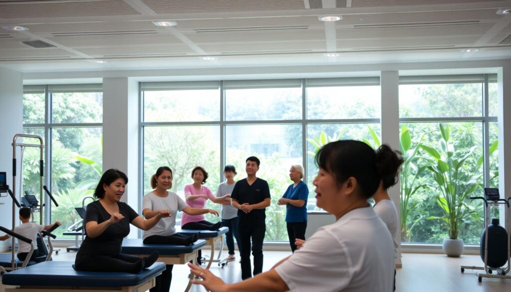 A bright, modern rehabilitation center in Singapore, filled with natural light and a warm, welcoming atmosphere. In the foreground, a group of patients engage in physical therapy exercises, their expressions focused yet hopeful. The middle ground features state-of-the-art equipment and attentive therapists guiding their recovery. In the background, large windows offer panoramic views of lush, verdant gardens, creating a serene, therapeutic environment. The lighting is soft and diffused, accentuating the clean, minimalist design. The overall scene conveys a sense of compassionate, patient-centered care and support, perfectly capturing the essence of this vibrant rehabilitation service.