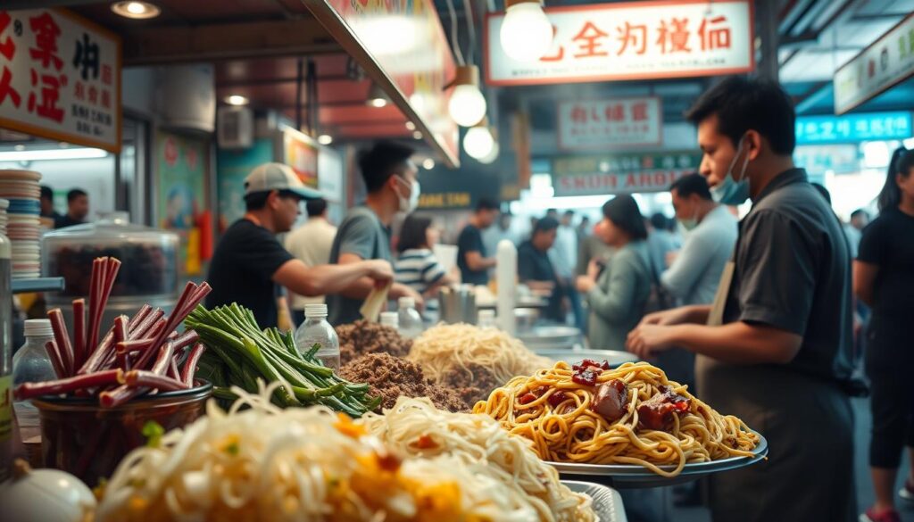A bustling hawker center at Old Airport Road, with a vibrant stall serving up steaming hot jjajangmyeon noodles. In the foreground, a display of fresh ingredients - onions, pork, and a savory black bean sauce, ready to be expertly combined. The middle ground showcases the skilled hawker deftly tossing the noodles, their movements captured in a soft, natural light that casts warm shadows. In the background, the lively atmosphere of the hawker center unfolds, with patrons eagerly awaiting their turn to savor this beloved Singaporean dish. The scene exudes a comforting, neighborhood vibe, inviting the viewer to imagine the satisfying flavors and textures of the "Wooga Jjajang" noodles.