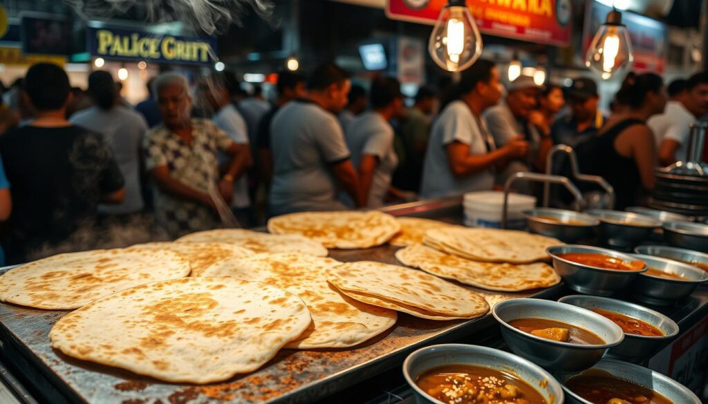 A bustling hawker stall in the heart of East Singapore, showcasing a mouth-watering display of freshly made crispy roti prata. The golden-brown, flaky flatbread is sizzling on a well-seasoned griddle, with wisps of steam rising into the warm, humid air. The stall's counter is adorned with bowls of fragrant curry and chutney, ready to be paired with the piping hot prata. The scene is bathed in the soft, diffused light of the evening, creating a cozy and inviting atmosphere. In the background, the hum of the crowd and the sizzle of the griddle create a lively, authentic hawker market ambiance.