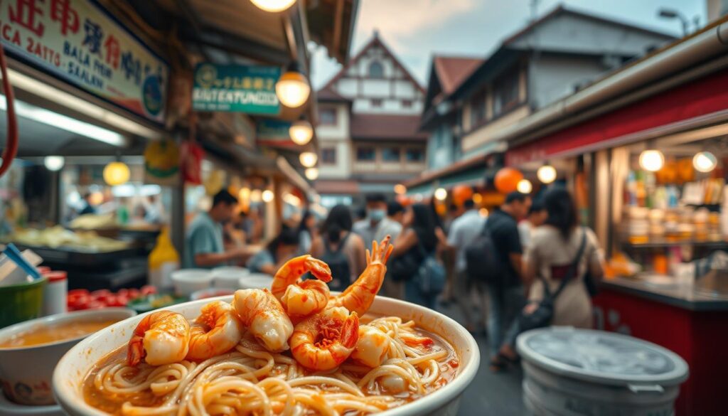 A bustling hawker stall in the heart of East Singapore, showcasing a vibrant display of steaming prawn noodles. In the foreground, a bowl brimming with thick rice noodles, succulent prawns, and a rich, savory broth. The middle ground features the lively atmosphere of the open-air market, with customers eagerly awaiting their orders. In the background, the distinctive architecture of the neighborhood, blending traditional and modern elements. Warm, diffused lighting casts a cozy glow over the scene, capturing the authentic and inviting ambiance of this local culinary gem.