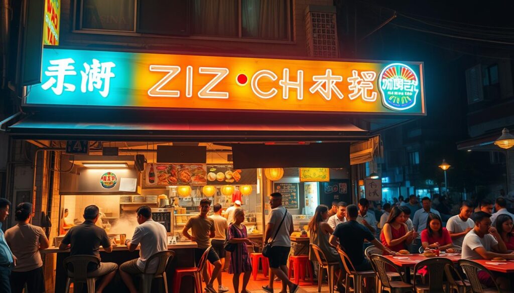A bustling late-night zi char establishment in Singapore, its vibrant neon signage illuminating the lively street scene. Patrons spill out onto the pavement, savoring fragrant dishes of salted egg chicken, chilli crab, and other Singaporean favorites. The kitchen hums with activity, steam and sizzles creating an enticing atmosphere. Warm tungsten lighting casts a golden glow, complementing the weathered shophouse facades and creating a cozy, convivial ambiance. Rickety plastic stools and well-worn tables hint at the spot's decades-old history, while the lively chatter and laughter of diners evoke the spirit of a true Singaporean supper club.