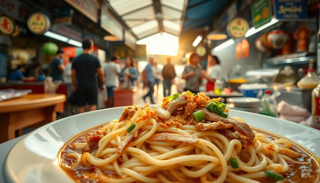 A bustling outdoor hawker center in Bukit Merah, Singapore. In the foreground, a neatly arranged plate of lan xiang ban mian, the signature dish - delicate handmade noodles in a rich, savory broth, topped with tender slices of pork, crisp fried shallots, and a sprinkle of scallions. The middle ground reveals the lively scene of the hawker stalls, with customers eagerly queuing and chefs skillfully preparing an array of local delicacies. In the background, the sun casts a warm, golden glow, illuminating the vibrant atmosphere of this beloved neighborhood haunt.