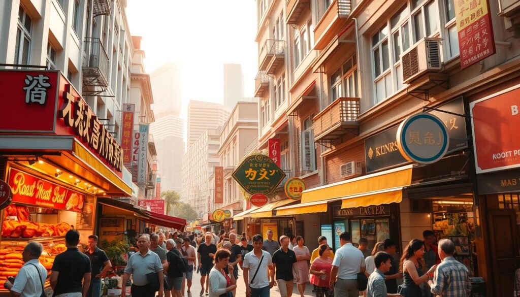 A bustling street in the heart of Singapore, bathed in warm, golden sunlight. In the foreground, a renowned roast meat restaurant stands, its gleaming display of char siu, roast duck, and crispy pork belly enticing passersby. Patrons spill out onto the sidewalk, savoring their mouthwatering meals. In the middle ground, other eateries and shops line the street, their vibrant signage and bustling activity adding to the lively atmosphere. In the background, the iconic architecture of Singapore's historic shophouses and skyscrapers creates a stunning urban landscape, hinting at the city's rich cultural heritage. The scene exudes a sense of culinary delight and gastronomic paradise, capturing the essence of Singapore's renowned roast meat scene.