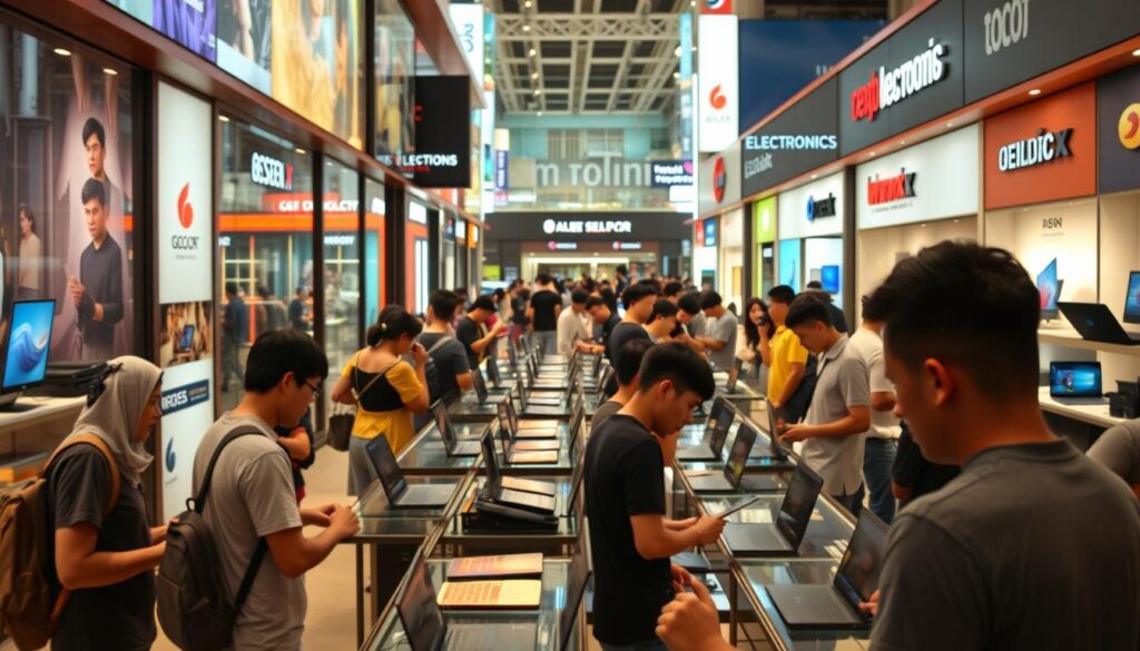 A bustling technology retail district in central Singapore, featuring an array of laptop display cases and store fronts. The scene is bathed in warm, natural lighting from large storefront windows, casting a cozy, inviting atmosphere. In the foreground, customers browse and compare various laptop models, their expressions focused and intent. The middle ground showcases a diverse selection of the latest laptop designs, their sleek profiles and vibrant colors beckoning shoppers. In the background, signage and branding from leading electronics retailers create a sense of a thriving, technology-driven marketplace. The overall composition conveys the vibrant energy and abundance of options available for laptop shoppers in this prime shopping destination in Singapore.