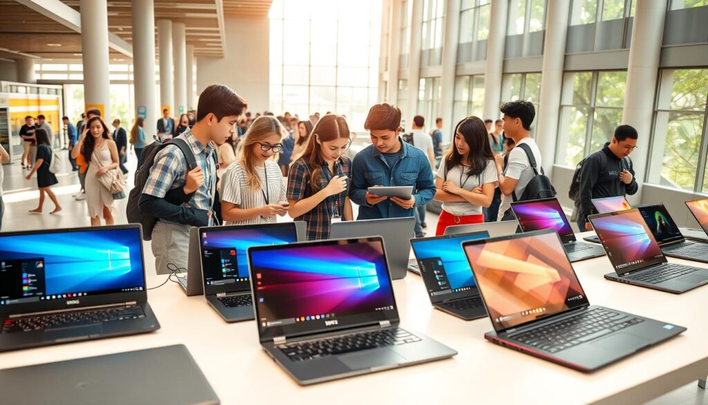 A bustling university campus in Singapore, with a group of students gathered around a display of the latest laptops. Bright, natural lighting filters in through large windows, casting a warm, inviting glow on the sleek, modern devices. In the foreground, a diverse array of laptops, ranging from thin and lightweight ultrabooks to powerful gaming rigs, are arranged on a clean, minimalist table, their screens showcasing the latest software and applications. The middle ground features the students, intently examining the laptops, discussing features and comparing options. In the background, a sense of energy and activity pervades the space, with other students passing by, creating a vibrant, student-centric atmosphere.