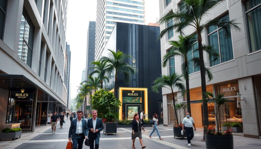 A bustling urban street in Singapore, with a row of high-end storefronts along the sidewalk. The center of attention is a prominent Rolex display window, showcasing the brand's iconic timepieces in a well-lit, sophisticated setting. The surrounding buildings have a modern, sleek architectural style, and the street is lined with lush palm trees and ornamental plants, creating a luxurious, tropical ambiance. Pedestrians casually stroll by, dressed in upscale attire, reflecting the affluent nature of the neighborhood. The overall scene conveys a sense of exclusivity and prestige, highlighting the Rolex brand's association with the finest luxury experiences in Singapore.
