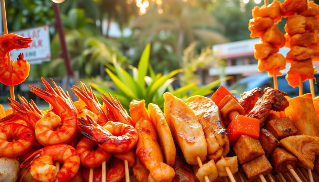 A cheerful display of skewered lok lok delicacies, their vibrant colors and textures accentuated by the warm, golden glow of a setting sun. In the foreground, succulent, grilled shrimp and tender slices of fish are coated in a rich, glossy sambal belachan sauce, their edges slightly charred. Surrounding them, an array of other tempting morsels, from juicy chicken wings to crunchy fried tofu, all neatly arranged on wooden skewers. The middle ground features a backdrop of lush, tropical foliage, hinting at the bustling Punggol neighborhood where this beloved lok lok stall resides. The overall scene radiates a sense of warmth, comfort and the delightful flavors of Singaporean street food.