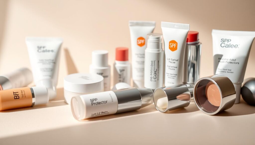 A close-up, high-resolution photograph of an assortment of SPF lip balms and protectors on a neutral-colored background. The products are arranged neatly, showcasing their sleek, modern packaging and shiny, glossy textures. Soft, natural lighting from the side creates subtle shadows and highlights the contours of the items. The scene conveys a sense of premium quality and sun-safe skincare. The focus is sharp, and the depth of field is shallow, ensuring the lip balms are the clear focal point. The overall mood is clean, sophisticated, and inviting.
