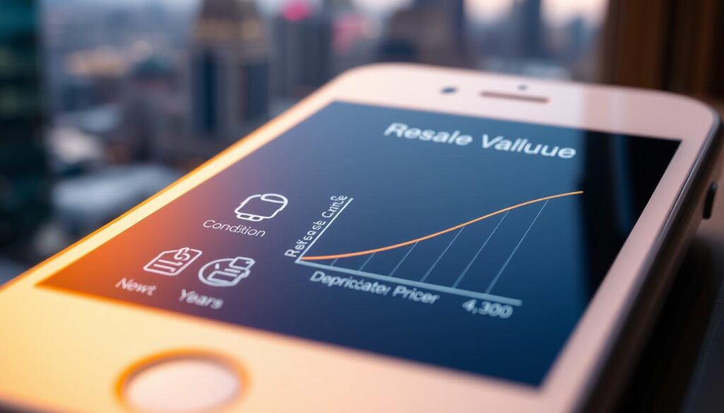 A close-up shot of an iPhone display showcasing its resale value factors. The screen is evenly lit, casting a warm glow on the device's sleek, metallic body. In the foreground, a series of icons and data visualizations highlight key criteria that influence the iPhone's resale price, such as its condition, storage capacity, and release year. In the middle ground, a minimalist infographic lays out the depreciation curve, guiding the viewer on how to maximize their device's value. The background features a blurred cityscape, conveying the metropolitan setting where iPhones are frequently traded and resold. The overall composition strikes a balance between technicality and visual appeal, inviting the viewer to explore the factors shaping the iPhone's resale market.