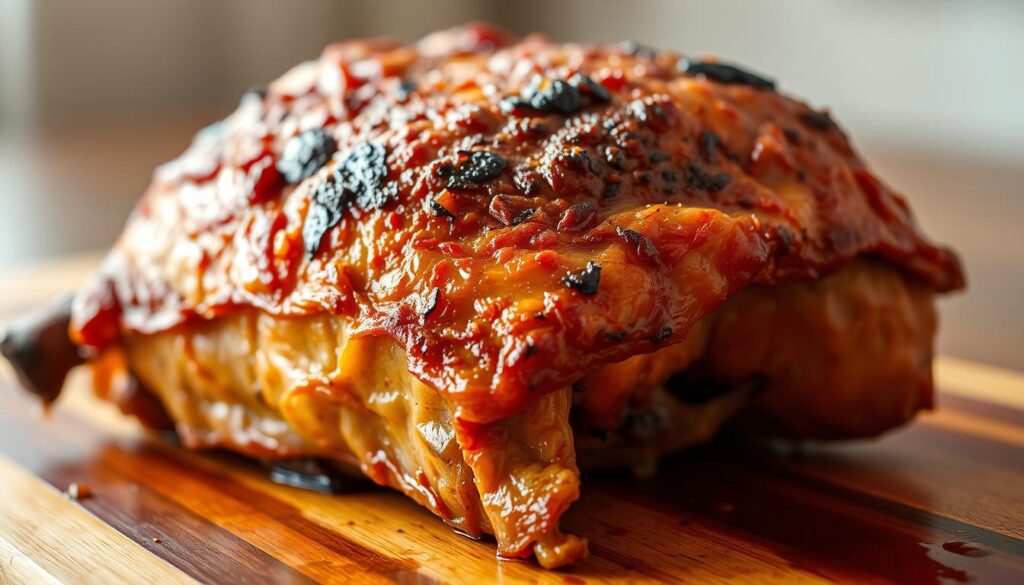 A close-up shot of crispy, golden-brown roast meat with a glossy, caramelized skin. The meat is placed on a wooden cutting board, showcasing its juicy, tender texture. Warm, diffused lighting casts a soft, inviting glow, highlighting the meat's enticing aroma and natural flavors. The background is blurred, keeping the focus on the star of the dish - the perfectly cooked, mouthwatering roast meat.