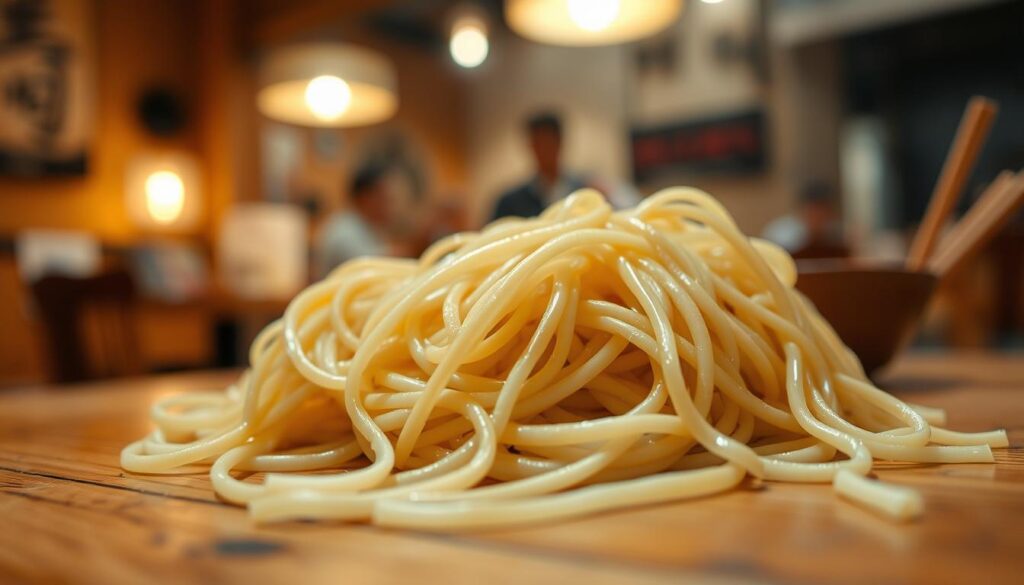 A close-up shot of freshly handmade Korean-Chinese noodles, known as "mukjja", resting on a wooden surface. The noodles are thick, chewy, and glistening with a light sheen, showcasing their homemade quality. The foreground is in sharp focus, with the noodles occupying the center of the frame. In the background, a blurred, warm-toned environment suggests a cozy, traditional restaurant setting. Soft, diffused lighting casts gentle shadows, highlighting the textural details of the noodles. The overall mood is one of artisanal craftsmanship and authentic, mouthwatering appeal.