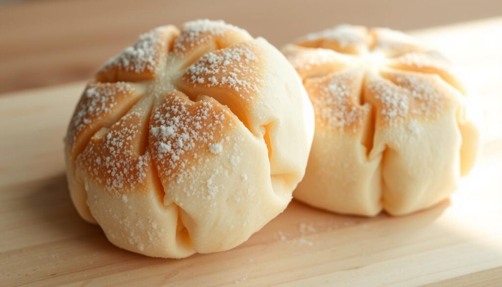 A close-up shot of two freshly baked halal mochi scones, their soft, chewy texture visible against a light wooden surface. The scones are slightly golden-brown on top, dusted with a light coating of powdered sugar that creates a delicate, crystalline appearance. Soft natural lighting from the side casts gentle shadows, highlighting the intricate patterns of the mochi dough. The background is blurred, drawing the viewer's attention to the delectable treats in the foreground.