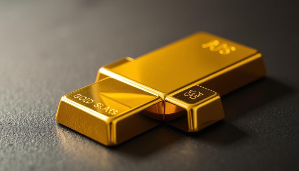 A close-up view of a shiny gold bar resting on a dark, textured surface. The bar is positioned diagonally, catching the light and creating a warm, reflective glow. The foreground is sharp and detailed, showcasing the bar's weight and purity. In the middle ground, a neutral-toned background subtly accentuates the gold's brilliance. Soft, directional lighting casts subtle shadows, adding depth and dimension to the scene. The overall mood is one of wealth, luxury, and the tangible value of precious metal.