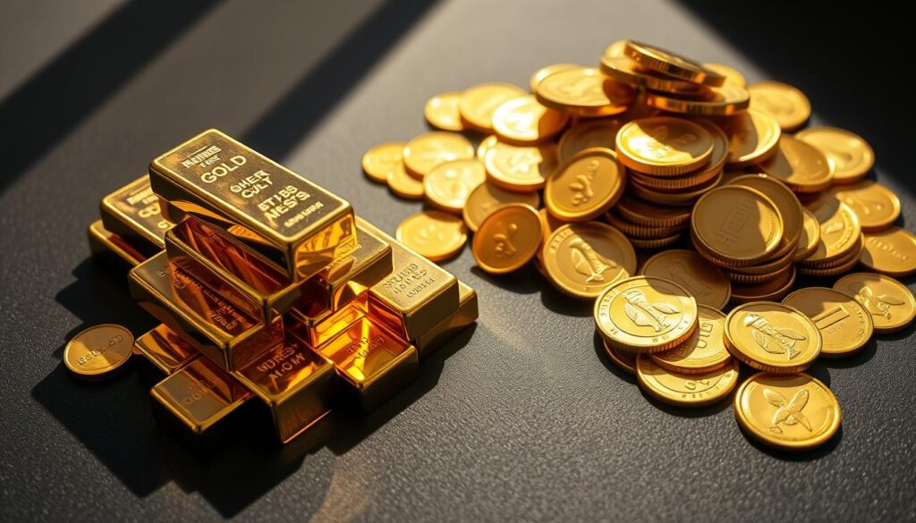 A close-up view of two contrasting piles - one of gleaming gold bars, the other of shimmering gold coins. The bars sit firmly on a sleek, dark surface, casting long shadows that add depth and drama. The coins are arranged in an artful, cascading display, catching the light and reflecting its warmth. The overall scene is illuminated by a soft, natural light, creating a sense of luxury and exclusivity. The image invites the viewer to consider the unique qualities and appeal of each form of gold investment, setting the stage for an informed decision.