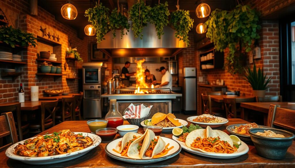 A cozy Mexican restaurant with a warm, rustic ambiance. In the foreground, a wooden table is set with a vibrant array of dishes - sizzling fajitas, steaming tacos, and a selection of sauces and condiments. The middle ground showcases the open kitchen, where chefs skillfully tend to a wood-fired grill, imparting a smoky, authentic flavor to the cuisine. In the background, exposed brick walls and hanging plants create a welcoming, hacienda-inspired atmosphere. Soft lighting casts a golden glow, enhancing the inviting mood. The overall scene conveys a sense of homemade, wood-fired Mexican flavors and a genuine, neighborhood dining experience.