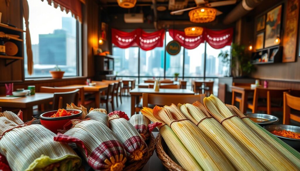 A cozy and vibrant scene of Mami's Tamales, a traditional Mexican restaurant in Singapore. In the foreground, a display of freshly steamed tamales in colorful corn husks, accompanied by sauces and garnishes. The middle ground showcases the warm, inviting interior with rustic wooden furniture, vibrant textiles, and Latin American-inspired decor. In the background, large windows offer a glimpse of the bustling city outside, creating a harmonious fusion of the authentic Mexican ambiance and the modern Singaporean setting. Soft, golden lighting casts a welcoming glow, setting the mood for a truly immersive and delightful dining experience.