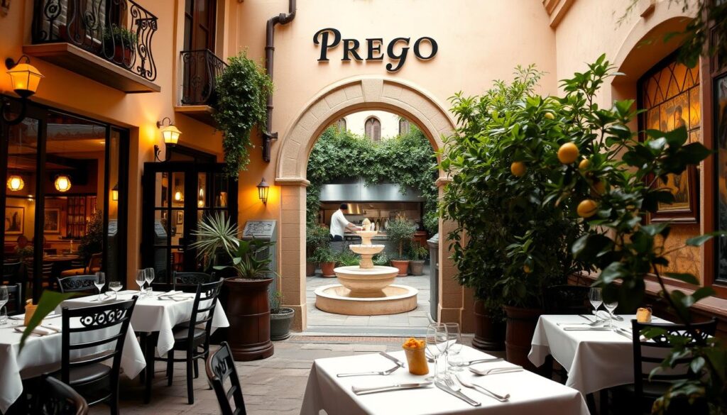 A cozy, authentic Italian restaurant Prego, with a warm, inviting atmosphere. The exterior features a classic Mediterranean-style facade, with wrought-iron balconies and potted plants adorning the entrance. Through the large windows, glimpse the elegant interior, with crisp white tablecloths, dark wood furniture, and subtle lighting casting a soft glow. In the foreground, a quaint outdoor seating area, where diners savor the aromas of freshly baked bread and simmering tomato sauce. The middle ground showcases the bustling kitchen, visible through an open archway, with chefs skillfully preparing mouthwatering dishes. In the background, a lush, verdant courtyard, complete with a trickling fountain and lemon trees, transporting patrons to the heart of Italy.