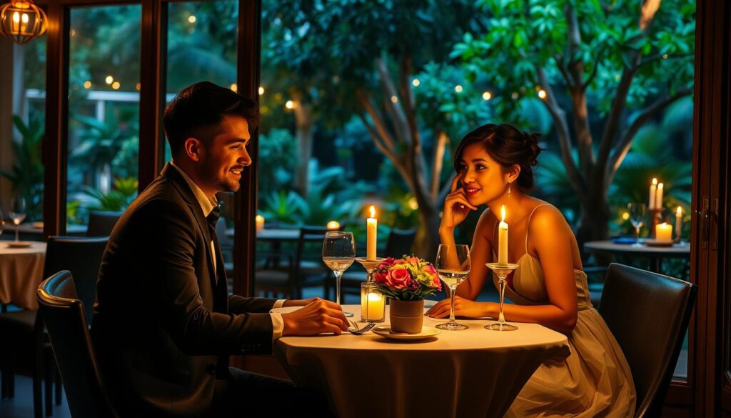 A cozy, dimly lit restaurant in Singapore's vibrant downtown, with a tranquil outdoor patio overlooking a lush garden. A young couple sits at a small, intimate table, enjoying a candlelit meal. The woman wears a flowing, elegant dress, while the man is dressed in a tailored suit. Their expressions are relaxed, reflecting the low-pressure atmosphere. Soft jazz music plays in the background, and the lighting casts a warm, romantic glow throughout the scene. The table is set with fine china, crystal glassware, and a simple yet tasteful floral centerpiece. The overall mood is one of comfort, conversation, and the potential for a memorable first date.