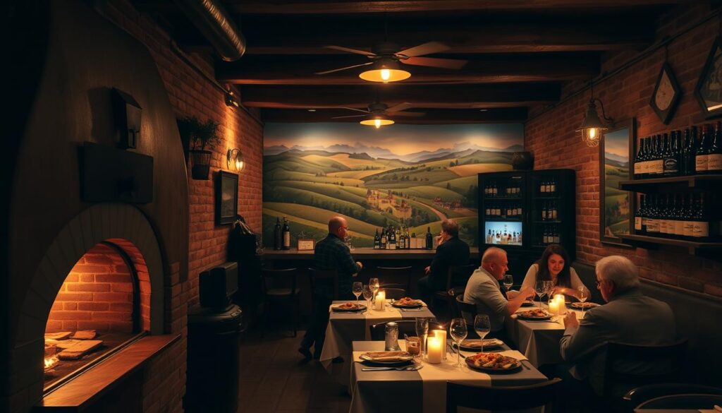 A cozy, family-run Italian restaurant with a warm, inviting atmosphere. The interior features rustic brick walls, wooden beams, and dim, ambient lighting, creating a charming, old-world ambiance. In the foreground, a wood-fired oven stands proud, its flames visible through the open door, while a group of diners enjoy a traditional Italian meal at a candlelit table. In the middle ground, a well-stocked bar and shelves of fine Italian wines and liquors add to the authentic experience. The background showcases a mural depicting a lush, Italian countryside, transporting the viewer to the heart of Italy. The overall scene conveys a sense of tradition, hospitality, and the love of good food and company.