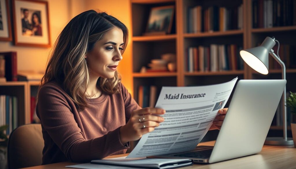 A cozy home office with a woman sitting at a desk, studying maid insurance documents and comparing costs on a laptop. Warm lighting from a desk lamp creates a focused, productive atmosphere. The background features bookshelves and framed artwork, suggesting an educated, thoughtful environment. The woman's expression conveys a sense of diligence and careful consideration as she seeks to optimize her maid insurance plan and save on premiums. Soft, muted colors and a sense of order and organization permeate the scene.