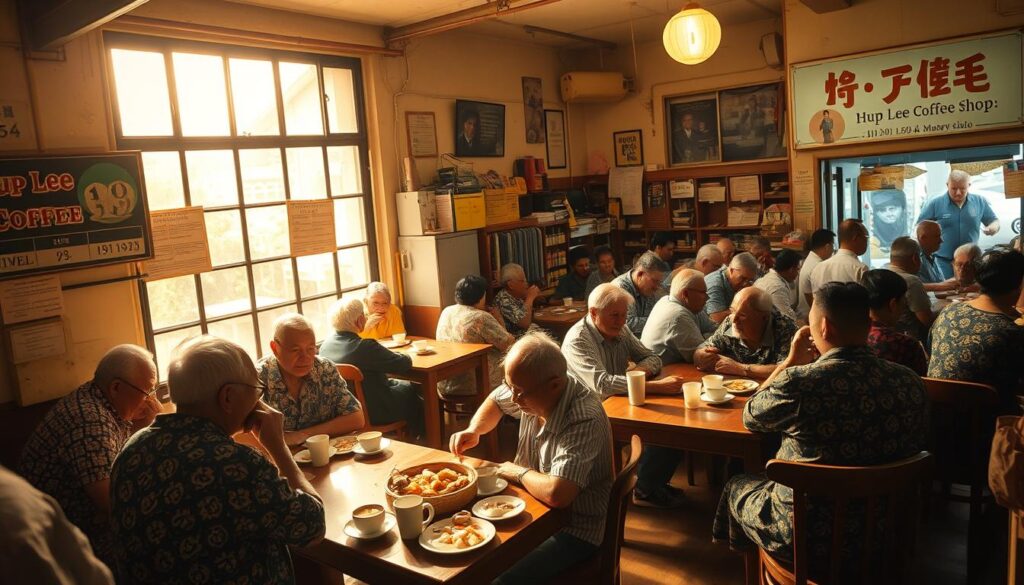 A cozy interior of Hup Lee Coffee Shop, bathed in warm, golden light filtering through the large windows. A bustling crowd of elderly Singaporeans fill the tables, immersed in lively conversation over cups of kopi and plates of local delicacies. The scene is rich in detail - weathered faces, intricate batik patterns, and the worn wooden furnishings that exude a timeless charm. The atmosphere is one of vibrant community, where the rhythms of daily life and timeless traditions intertwine. A wide-angle lens captures the full scope of this hidden gem, showcasing the sense of familiar comfort and beloved tradition that embodies the heart of Singapore's kopitiam culture.