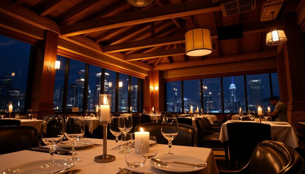 A cozy, intimate dining area with a globally-inspired menu. The foreground features a candlelit table setting with fine porcelain plates, gleaming silverware, and delicate glassware. In the middle ground, wooden ceiling beams and earth-toned textiles create a warm, rustic ambiance. Expansive windows in the background reveal a nighttime cityscape, adding an elegant cosmopolitan touch. Soft, diffused lighting from wall sconces and pendant lamps casts a gentle glow, setting a romantic, atmospheric mood. The overall scene evokes a refined cultural dining experience, perfect for a memorable couple's meal.