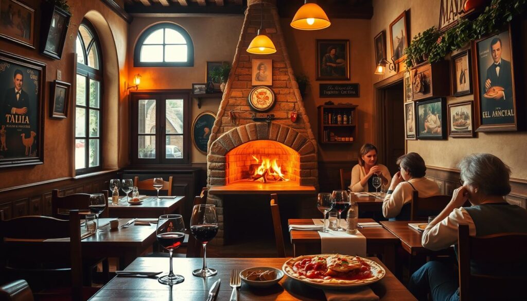 A cozy, intimate trattoria nestled in the heart of a quaint Italian village. Warm, golden lighting filters through the large windows, casting a soft glow over the rustic, wooden tables and chairs. The walls are adorned with vintage Italian artwork and family photographs, creating a sense of history and tradition. In the center of the room, a wood-fired pizza oven glows, its tantalizing aroma mingling with the scent of fresh herbs and simmering tomato sauce. Glasses of robust red wine and plates of steaming, handmade lasagna dot the tables, as patrons engage in lively conversation and savor the flavors of la dolce vita. The atmosphere is one of comfort, community, and a deep appreciation for the simple pleasures of Italian cuisine.