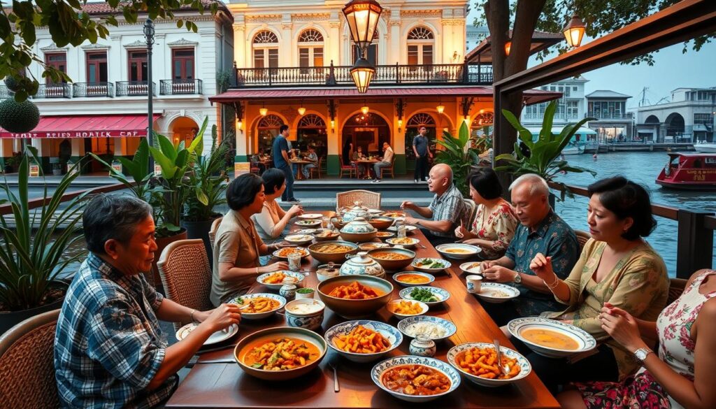A cozy, riverside Peranakan dining scene in Singapore. The Ellenborough Market Café overlooks the tranquil Singapore River, its elegant colonial façade bathed in warm evening light. Potted plants and rattan furnishings create a lush, tropical ambiance. At the center, a long wooden dining table is set with colorful Peranakan porcelain, the aromas of spiced curries and stir-fried vegetables wafting through the air. Diners enjoy a bountiful Peranakan buffet, savoring the rich flavors and cultural heritage of this unique cuisine. The scene exudes a sense of tradition, comfort and community, inviting the viewer to linger and immerse themselves in the vibrant Peranakan dining experience.