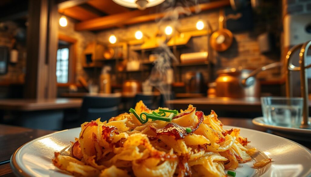 A cozy, rustic Swiss café in Paya Lebar Quarter, Singapore. The focus is on a plate of thick-cut rösti, a traditional Swiss shredded potato dish, sizzling under warm, golden lighting. Crisp, caramelized edges contrast with the fluffy interior, garnished with fresh chives. In the background, wooden beams, brick walls, and copper cookware evoke an authentic Swiss atmosphere. A hint of steam rises from the rösti, inviting the viewer to experience the comforting aroma and texture of this iconic Swiss delicacy, transporting them to the heart of the Swiss Alps.