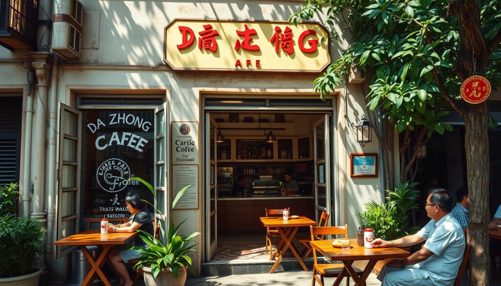 A cozy, sun-dappled exterior of Da Zhong Café, a charming Hainanese kopitiam nestled in a quaint Singaporean village. The weathered façade, adorned with retro signage, exudes an inviting, nostalgic atmosphere. Through the open-air windows, glimpse the bustling counter where skilled baristas craft rich, aromatic Hainanese coffee, a cherished local specialty. Patrons sip their drinks and savor Hainanese-style toasts and kaya spreads at wooden tables, surrounded by lush greenery and the gentle hum of conversation. Capture the café's timeless, community-driven spirit, preserving the enduring legacy of Singapore's Hainanese coffee culture.