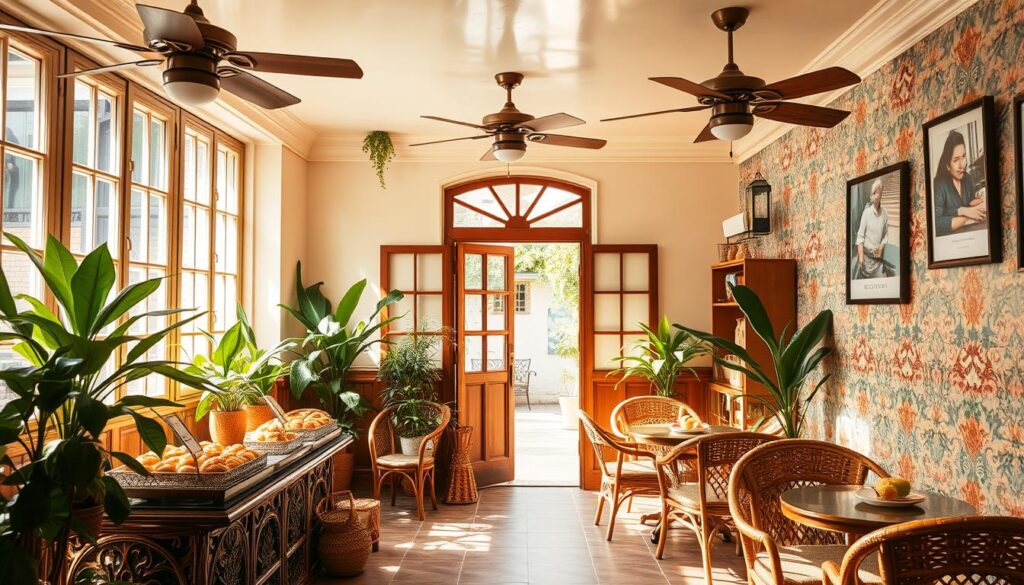 A cozy, sun-drenched Peranakan-style cafe interior with intricate rattan furniture, lush potted plants, and vibrant Nonya-inspired wall tiles. The front counter displays an array of traditional kueh and pastries, while natural light filters through large windows, casting a warm glow across the space. Elegant ceiling fans gently circulate the air, creating a tranquil, inviting atmosphere. In the background, a traditional timber-framed doorway leads to a quaint courtyard garden, hinting at the hidden charm that awaits beyond. The overall scene exudes a sense of authentic heritage and understated sophistication, reflecting the delectable Peranakan flavors that can be savored within.