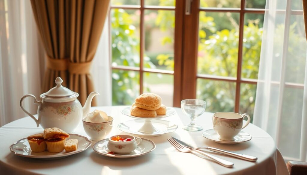 A cozy tea time setting with a delicate bone china tea set, freshly baked scones, and an assortment of sweet jams and clotted cream. The scene is bathed in warm, natural lighting that filters through sheer curtains, casting a soft, inviting glow. The table is elegantly laid with a crisp, white linen tablecloth, complemented by the gleam of polished silver cutlery. In the background, a lush, verdant garden can be seen through a large window, adding to the tranquil, quintessentially Singaporean ambiance. The overall mood is one of refined elegance and indulgence, perfectly capturing the essence of where to find the best scones in Singapore.