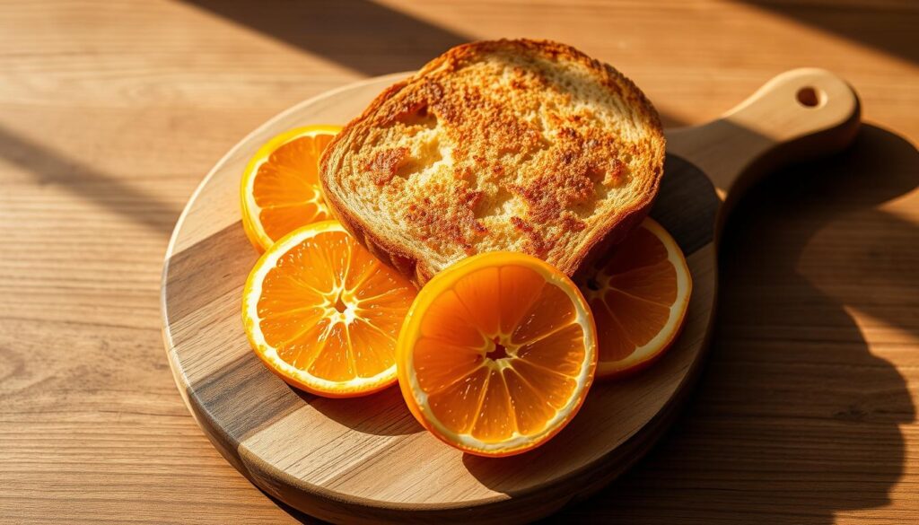 A crisp, golden-brown ciabatta toast, freshly toasted, rests on a wooden board. Sliced segments of bright, juicy Nanyang oranges are neatly arranged around the toast, their vibrant hues accentuating the warm, earthy tones of the bread. The scene is bathed in soft, natural light, casting gentle shadows and highlighting the delicate textures of the ingredients. The overall composition evokes a sense of simplicity, warmth, and the perfect start to a day in a modern Nanyang-inspired café.