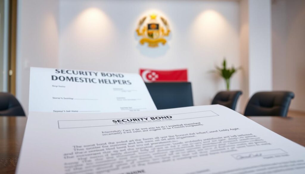 A crisp, official-looking document with a prominent title "SECURITY BOND FOR DOMESTIC HELPERS" displayed in the foreground. The bond form features detailed legal text and signatures, conveying the gravity and importance of this financial guarantee. In the middle ground, a Singapore flag and the national emblem evoke a sense of government authority and regulation. The background is a clean, minimalist office setting with subtle shadows and warm lighting, creating a professional, institutional ambiance. The overall composition emphasizes the formality and seriousness of the security bond, as required for domestic helpers in Singapore.