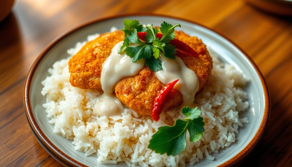 A delicate buttermilk-battered chicken dish, golden and crisp, rests on a bed of fragrant jasmine rice. The chicken is drizzled with a creamy, umami-rich sauce, a harmonious fusion of familiar flavors. Vibrant green leafy greens and slivers of red chili add a pop of color and texture, balancing the richness. The scene is illuminated by warm, soft lighting, casting a cozy, inviting atmosphere. The camera angle is slightly elevated, showcasing the thoughtful plating and tantalizing details of this unique and appetizing buttermilk fusion creation.