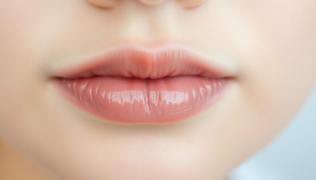 A delicate close-up of supple, hydrated lips against a soft, out-of-focus background. The lips are lightly glossed, with a subtle sheen that catches the gentle, diffused lighting. The texture appears smooth and plump, conveying a sense of nourishment and care. The color is a natural, muted pink that complements a fair, sensitive skin tone. The composition emphasizes the lips, drawing the viewer's attention to their delicate, soothing appearance. Captured with a shallow depth of field and a warm, comforting palette to evoke a sense of tenderness and comfort for sensitive lips.
