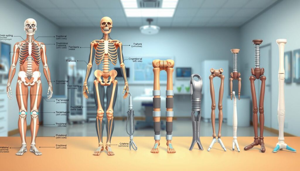 A detailed medical illustration showcasing common orthopedic conditions and treatments. In the foreground, a clear anatomical diagram highlights major joints and bones, with color-coded annotations indicating common issues like fractures, sprains, and arthritis. In the middle ground, realistic 3D models depict various orthopedic devices and implants, such as casts, braces, and prosthetics. The background features a softly-lit, clinical environment with medical equipment and tools, conveying a sense of expertise and professionalism. The overall mood is informative and educational, with a focus on providing a comprehensive visual resource for understanding orthopedic health.