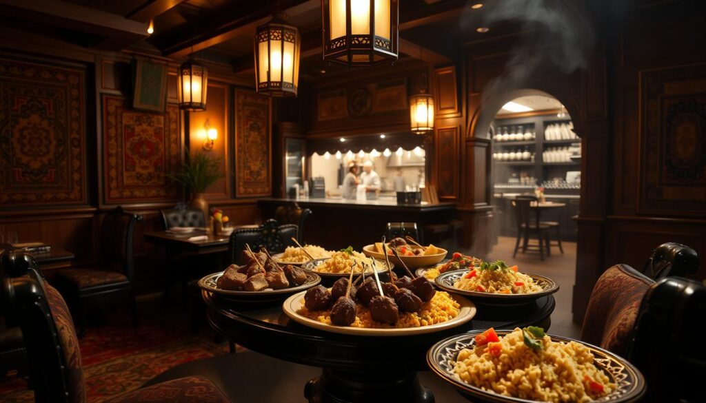A dimly lit, cozy Middle Eastern restaurant interior with rich textures and warm tones. A centrally placed table showcases an assortment of traditional dishes - sizzling lamb skewers, fragrant rice pilaf, and vibrant salads. Ornate lanterns cast a soft, ambient glow, while intricately patterned rugs and tapestries line the walls. Wooden furnishings and ornate, carved accents create an authentic, old-world ambiance. Glimpses of an open kitchen in the background hint at the culinary expertise behind the scenes. The overall scene evokes a sense of cultural immersion, inviting the viewer to step into a truly memorable Middle Eastern dining experience.