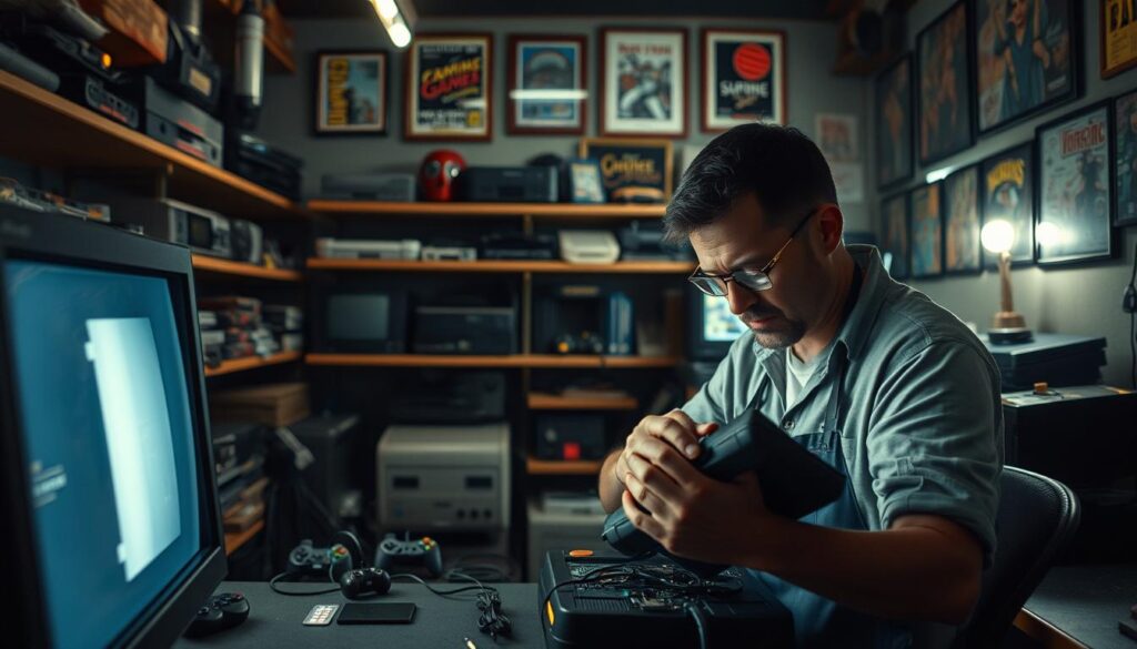 A dimly lit, cozy gaming console repair shop. In the foreground, a technician carefully disassembles a vintage gaming console, their focused expression illuminated by the soft glow of the display. In the middle ground, shelves lined with an array of gaming systems, controllers, and spare parts, conveying a sense of expertise and dedication. The background features a wall adorned with framed gaming memorabilia, creating an atmosphere of nostalgia and passion for the craft. Soft, warm lighting casts a welcoming ambiance, inviting the viewer to imagine the meticulous work being done to revive these beloved machines.