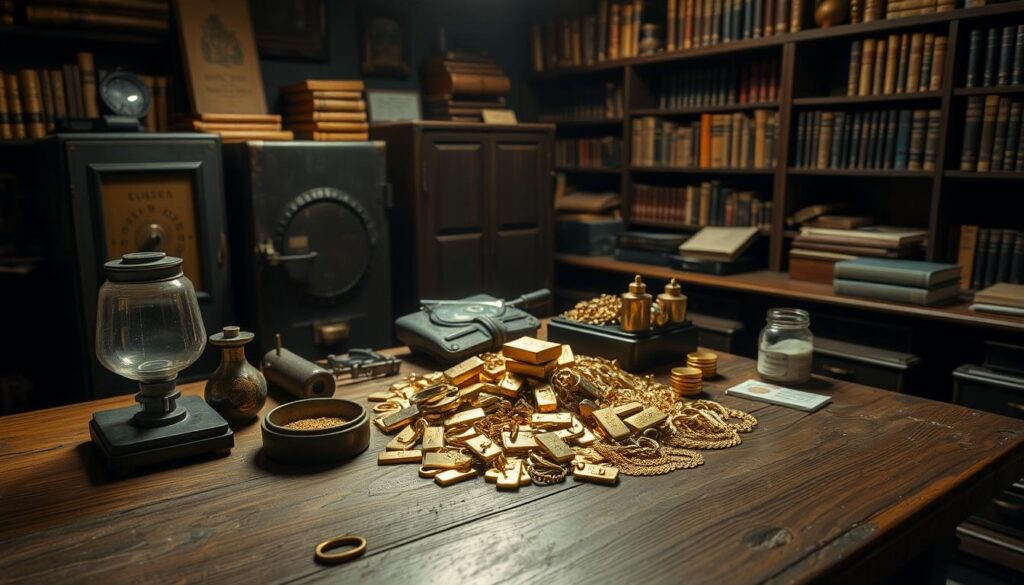 A dimly lit gold assay office, with a well-worn wooden table at the center. On the table, a pile of gold bars and jewelry, surrounded by precision scales, acid testing kits, and other tools of the trade. Soft, warm lighting casts a golden glow, highlighting the intricate details and textures of the precious metal. In the background, a vintage safe and shelves filled with reference books, conveying the expertise and history of the establishment. The scene exudes a sense of authenticity and professionalism, inviting the viewer to imagine the meticulous process of evaluating and valuing the gold items.
