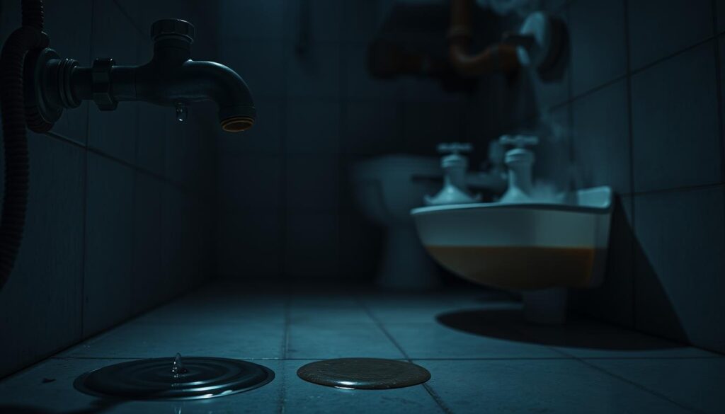 A dimly lit interior of a typical Singapore home, showcasing common plumbing issues. In the foreground, a leaky faucet drips steadily into a small puddle on the tiled floor. In the middle ground, a clogged sink overflows with murky water, while a rusted pipe in the background emits steam. The lighting is muted, casting shadows that highlight the aging infrastructure. The atmosphere conveys a sense of neglect and the need for professional plumbing services to address these prevalent problems.