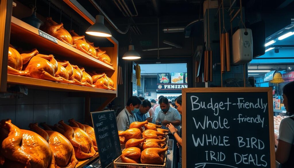 A dimly lit traditional wet market stall, wooden shelves displaying whole roast chickens at various price points. The chickens are neatly arranged, their golden-brown skin glistening under soft overhead lighting. In the foreground, a handwritten chalkboard sign highlights "Budget-Friendly Whole Bird Deals". The middle ground features patrons inspecting the chickens, conversing with the friendly stall owner. In the background, the bustling market ambiance is visible through an open doorway, adding to the authentic Singaporean atmosphere. The scene conveys a sense of local charm, quality ingredients, and value for money.