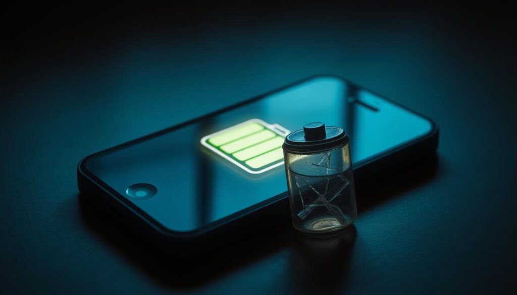 A drained iPhone battery depicted against a dimly lit backdrop, casting a faint glow. The device's screen shows a critical low battery icon, its once vibrant display now faded and lifeless. Subtle shadows accentuate the device's contours, conveying a sense of weariness. In the foreground, a tattered battery icon symbolizes the gradual depletion of power, while the background features a muted color palette, creating an atmosphere of concern and the need for a solution. The lighting is soft and moody, evoking a sense of urgency to address the battery issue.