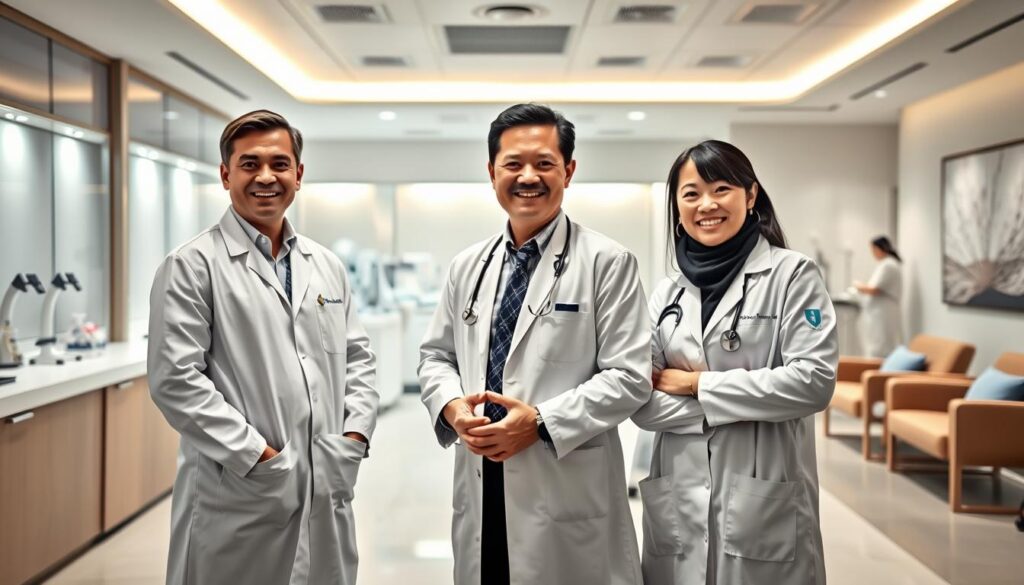A group of distinguished-looking medical professionals standing in a modern, well-lit medical facility. The foreground features three experienced-looking IVF specialists, dressed in white coats, with warm, confident expressions, standing together and gesturing as they discuss a patient's case. The middle ground showcases a state-of-the-art IVF laboratory, with technicians diligently working behind sleek, glass-paneled workstations. The background depicts a serene, calming waiting area, with comfortable seating and soothing artwork on the walls, creating an atmosphere of professionalism and care. The lighting is soft and directional, highlighting the specialists' faces and creating a sense of depth and dimension. The overall scene conveys the expertise, dedication, and compassionate approach of Singapore's leading IVF specialists.