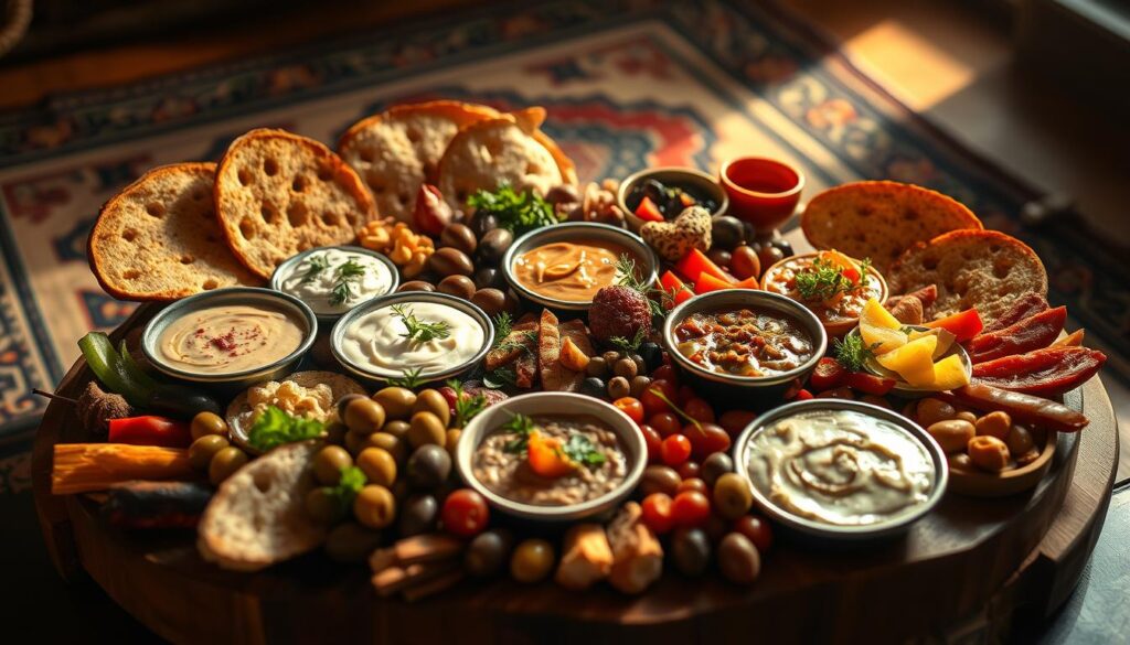 A lavish Turkish meze platter takes center stage, brimming with an array of delectable dips, assorted olives, fresh-baked pide bread, and vibrant garnishes. The scene is bathed in warm, golden-hued lighting, casting a cozy, inviting ambiance. In the background, a traditional Turkish rug adds a touch of cultural authenticity, while subtle shadows and highlights accentuate the textures and shapes of the various meze components. The overall composition exudes a sense of rustic elegance, capturing the essence of authentic Turkish cuisine in a visually captivating manner.