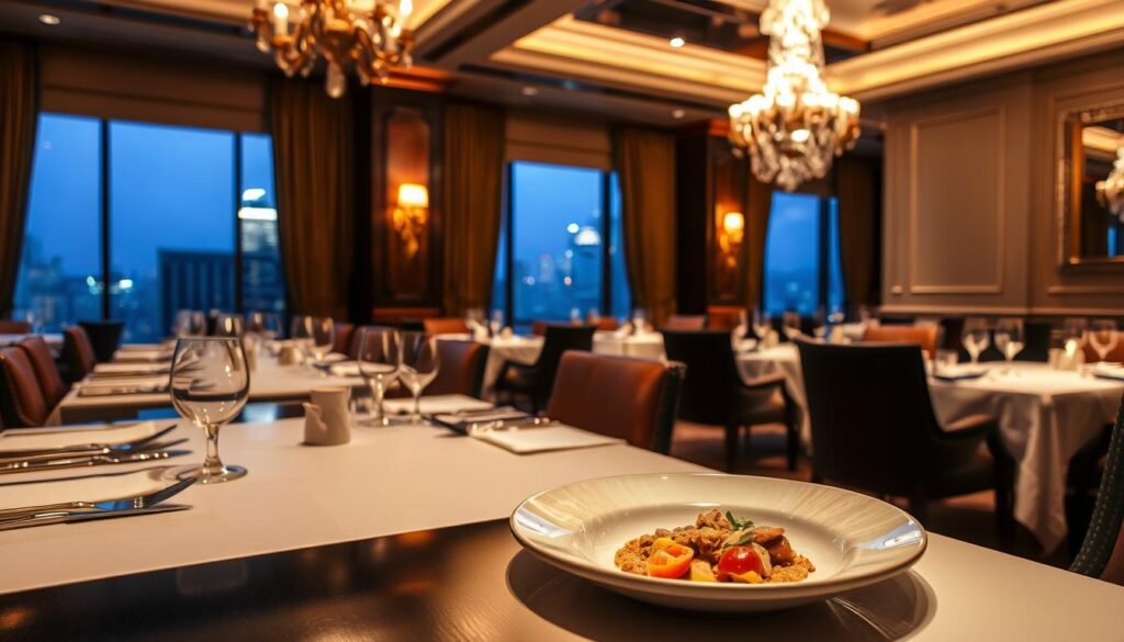 A lavish, dimly-lit dining room with sophisticated decor and elegant furnishings. Soft, warm lighting casts a cozy glow, illuminating the pristine white tablecloths, polished silverware, and delicate glassware. In the foreground, a meticulously plated gourmet dish takes center stage, its intricate flavors and textures beckoning the senses. Surrounding the table, plush leather chairs and ornate chandeliers create an atmosphere of refined luxury. In the background, floor-to-ceiling windows offer a breathtaking view of the glittering Singapore skyline, hinting at the culinary excellence that awaits within this Michelin-starred establishment.
