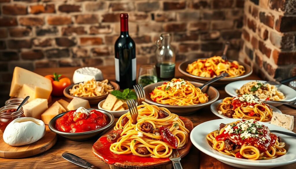 A lavish spread of authentic Italian cuisine graces a rustic wooden table, illuminated by warm, golden lighting. In the foreground, a variety of cheeses - creamy burrata, sharp parmesan, and tangy gorgonzola - are artfully arranged alongside freshly cooked, al dente pasta dishes. Sauces of vibrant red tomato, earthy pesto, and rich carbonara adorn the pasta, which is twirled around forks. In the middle ground, a bottle of robust red wine and a carafe of sparkling mineral water add to the refined, yet convivial atmosphere. The background features a backdrop of weathered brick walls, evoking the charm of a cozy trattoria in the heart of Italy.